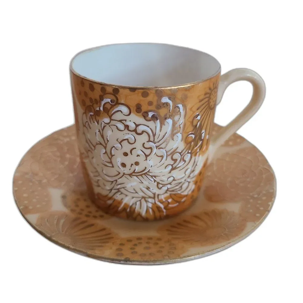 Inarco Demitasse Cup and Saucer Set Golden Splendor Floral Pattern Japan RARE